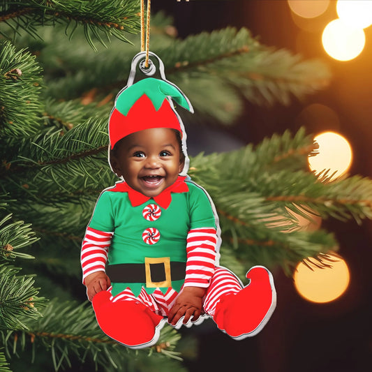 Myavatar™ Personalized Babys Photo First Christmas Ornament - Adorable Newborn Baby Elf